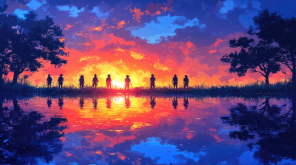 Silhouetted individuals stand together, admiring a stunning sunset reflected in a calm body of water surrounded by trees