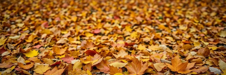 Obraz premium Vibrant red, orange, and yellow fall leaves scattered on the ground in a forest setting, foliage, nature