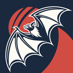 A stylized illustration of a bat flying against a red moon. The bat is rendered in a vintage style, with bold lines and a graphic aesthetic. Perfect for Halloween, gothic, or spooky designs.