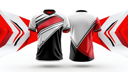 Fototapeta premium Sports jersey, geometric design, red and white stripes, black accents, dynamic pattern, athletic wear, modern sportswear, sleek style, abstract shapes, high-contrast colors, performance fabric, techni