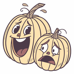 A pair of adorable pumpkins, one grinning widely and the other looking a bit scared. This cute and quirky illustration is perfect for adding a touch of whimsy to your Halloween designs.