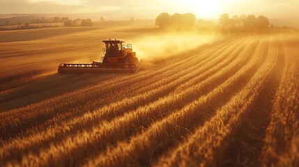 Fototapeta premium Aerial shot of machinery harvesting crops, fields forming patterns of golden and brown as machines move through, sunlight casting warm highlights, calm and organized countryside atmosphere,