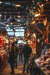 Fototapeta premium Festive Holiday Market with Shoppers Browsing Handmade Gifts and Decorations
