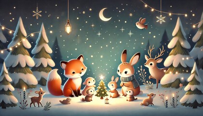 Naklejka premium A Magical Christmas Eve: Woodland Friends Gather Around a Tiny Tree Under the Starlit Snowy Sky