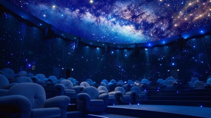 Rows of comfortable blue seats softly illuminated under a starry sky in a modern cinema. Luxurious design creates a serene atmosphere for immersive movie watching