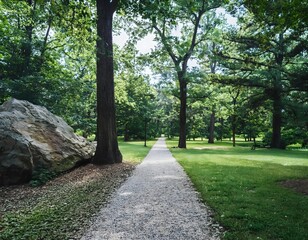 Obraz premium A sunny park alley lined with green trees and a winding path through a vibrant landscape