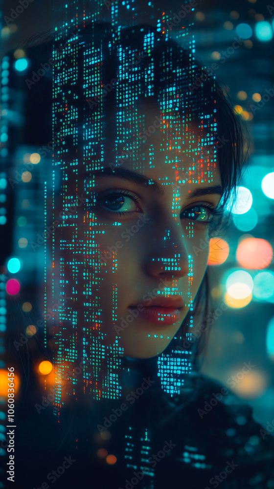 Aufkleber Woman coding on a transparent screen in a dimly-lit cityscape