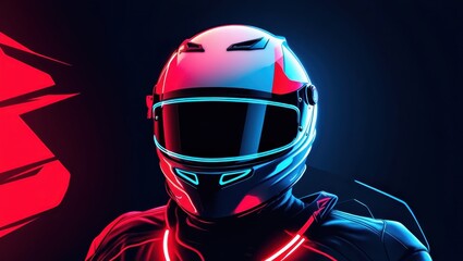 Cyberpunk motorcycle helmet, neon lights, vibrant blue and red glow, black background, retro-futuristic, synthwave aesthetic, sleek design, reflective visor, laser beams, digital art, 3D rendering, hi