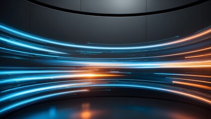 High-contrast, sharply focused photograph of a futuristic digital data flow, set against a sleek, dark grey or black background, with vibrant blue and orange lines that pulse and swirl dynamically, co