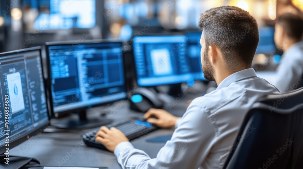 Poster analyst monitoring stock market data on multiple screens