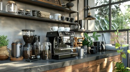 Fototapeta premium Chic Home Coffee Bar with Modern Espresso Machine and Rustic Wood Accents for Cozy Mornings