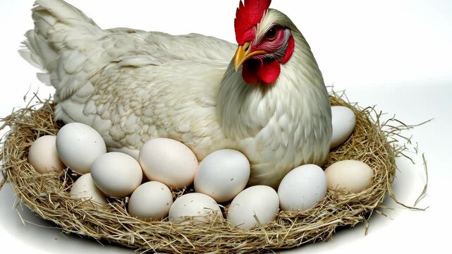 A white hen sits on a nest of hay with a dozen white eggs