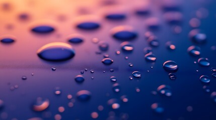 Water drops scattered on a reflective surface with light bouncing off