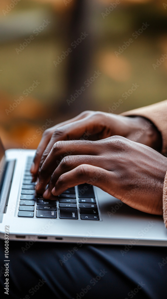 Poster software developer is coding an application on a laptop outdoors in a natural setting