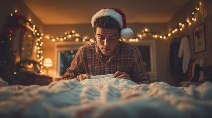 Obraz premium A young man in a Santa hat inspects a beloved knitted sweater in a warmly decorated room filled with holiday lights and a festive atmosphere