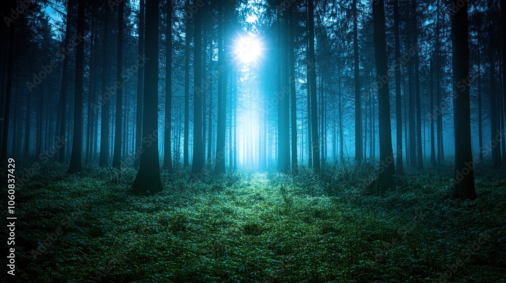 Poster A mysterious path through a dense, misty forest with a bright light at the end.