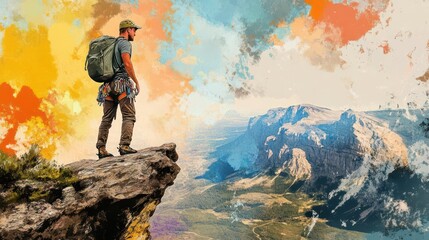 Obraz premium Rock climber standing on a high ledge, valley stretching far below, watercolor style