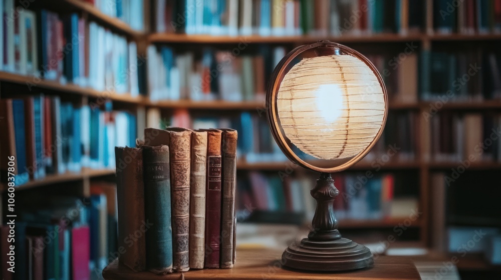 Aufkleber a stack of old books stand beside a globe lamp in a library setting.