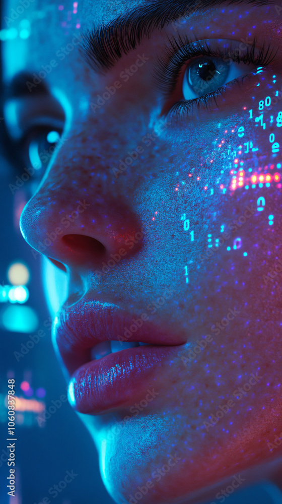 Aufkleber The fusion of technology and beauty: a mesmerizing binary code projection illuminates a woman's face, symbolizing the interconnected world of data and innovation