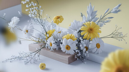 White and yellow spring flowers on yellow background.