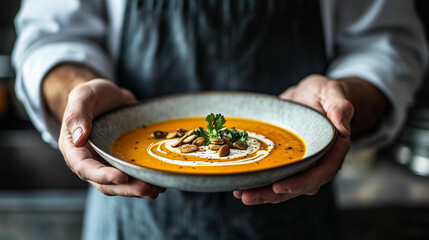 Chef proudly presenting a vibrant butternut squash dish garnished with seeds and herbs in a cozy kitchen setting during autumn