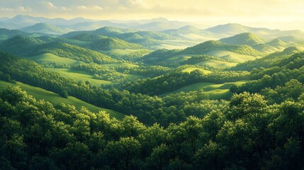 Fototapeta premium Bird’s-eye perspective of rolling green hills, covered with dense forest and vibrant vegetation, undulating peaks and valleys creating a rhythmic pattern, sunlight casting soft shadows,