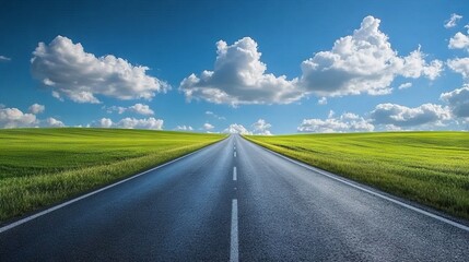 Fototapeta premium Scenic Summer Highway with Green Fields. AI generated illustration