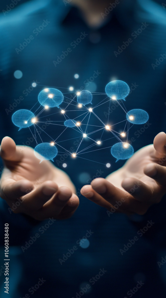Poster global communication: businessman showcasing a digital network of speech bubbles interconnected with