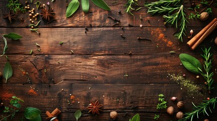 Herbs and spices on wooden background, viewed from above with space for text