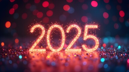 Golden and dark red colorful bokeh background with sparkling lights and fireworks to celebrate New Year 2025.