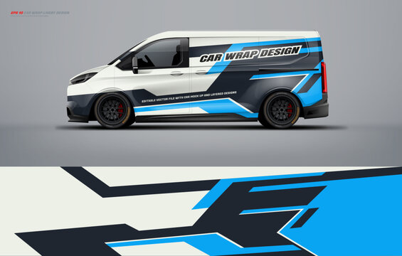 van wrap design for universal medium van, with a touch of Abstract simple racing Graphics in white, black and blue with background. Vector eps print ready printable file.