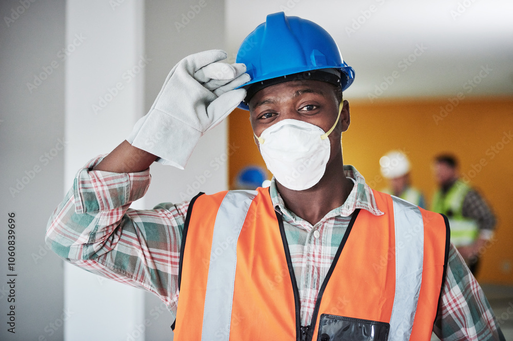Poster portrait, man and mask in construction site as engineer, supervisor or project manager on property. 