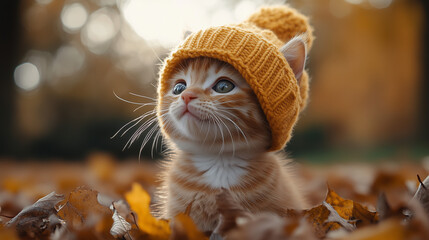 Fototapeta premium Cute Kitten in Yellow Beanie Sitting Among Autumn Leaves