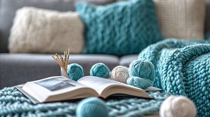 Cozy Living Room with Yarn and Knitting Accessories. AI generated illustration