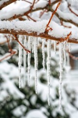 Frozen icicles hang from a tree branch covered in snow, winter scene