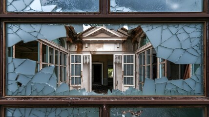 Building facade with rusty metal-framed broken window in abandoned structure