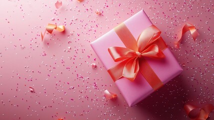 Fototapeta premium Pink gift box with a red bow on top on pink background with confetti. Christmas winter panorama banner. Concept of celebration and joy