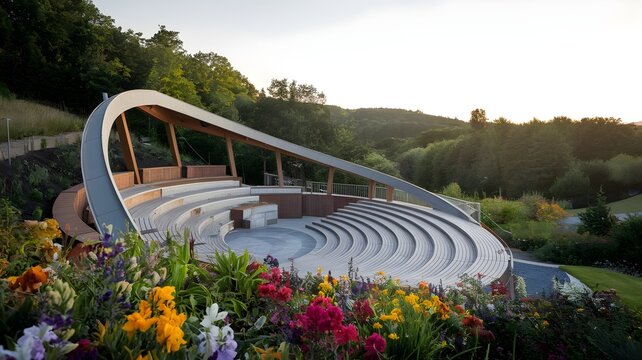 Modern amphitheater with curved wooden deck and vibrant flowers