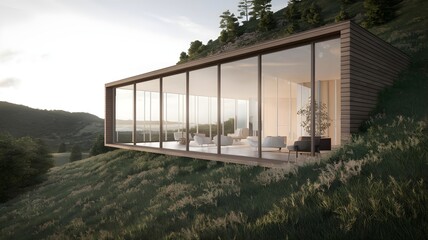 Minimalist hill home with wooden facade, large windows, and lush valley view