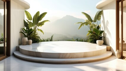 Luxurious circular bathtub, panoramic windows, mountain view, modern interior design, tropical plants, sunlit room, minimalist aesthetic, white marble, floor-to-ceiling glass, spa-like atmosphere, ser
