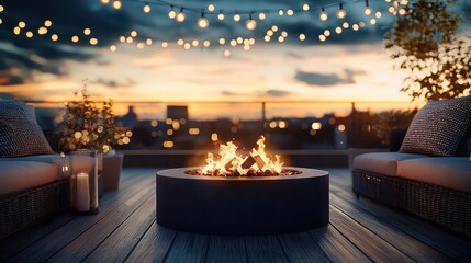 Rooftop bar with cozy fire pits and city lights, night sky, Romantic rooftop setting