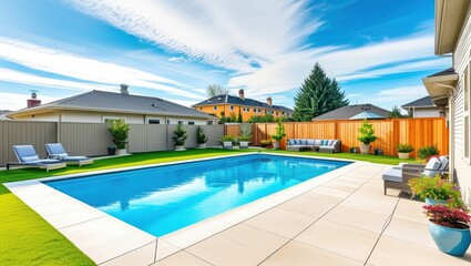 Fototapeta premium Luxurious backyard, rectangular swimming pool, modern patio furniture, manicured lawn, wooden fence, palm trees, blue sky with wispy clouds, suburban house, outdoor living space, landscape design, poo