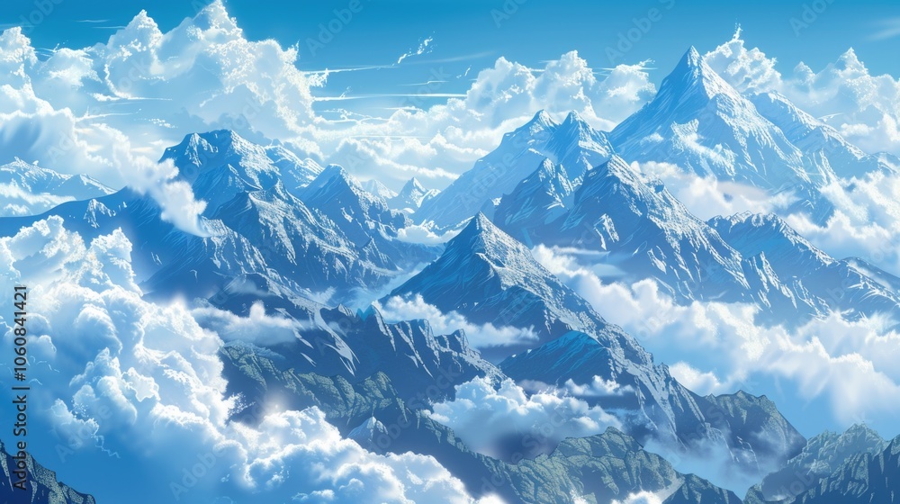 Poster a scenic view of a mountain range with fluffy white clouds in the sky, perfect for use as a backgrou
