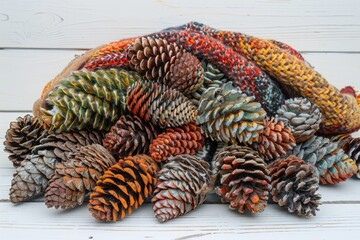 Obraz premium A collection of pine cones arranged on top of a wooden table, perfect for decorative or rustic-themed settings