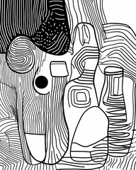 Abstract black and white line art of three bottles.