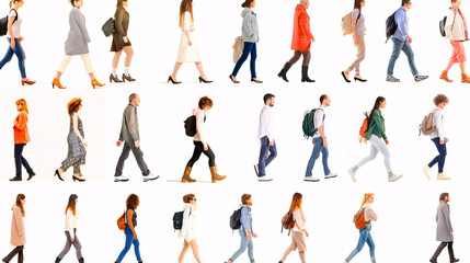 Collection Back view of walking young couple . Rear view people collection. backside view of person. Isolated over white background. young couples in official and street clothes 