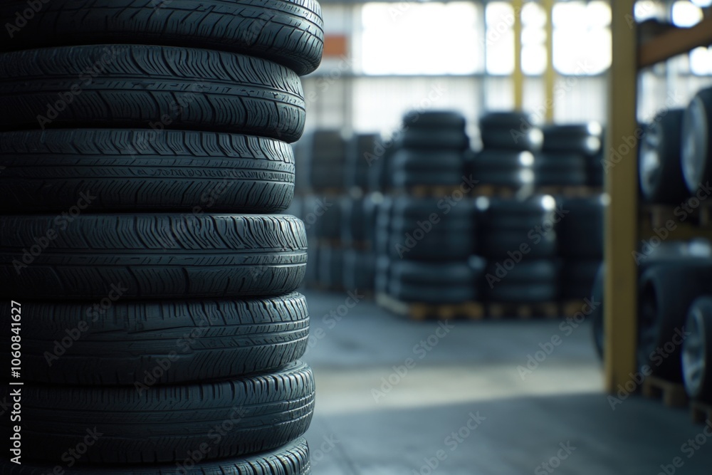 Poster a large stack of tires stored in a warehouse environment