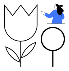 Woman in blue pointing at geometric flower in black outline. Ideal for modern decor, floral themes, botanical design, educational purposes, minimalist artwork. Simple and clean style