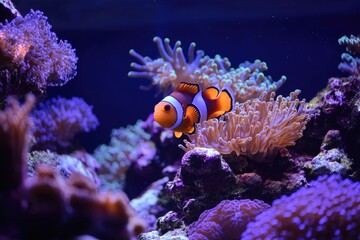 A single clown fish swimming in an aquarium with plants and decorations