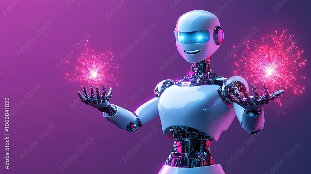 Poster smiling robot holding fireworks in futuristic setting
